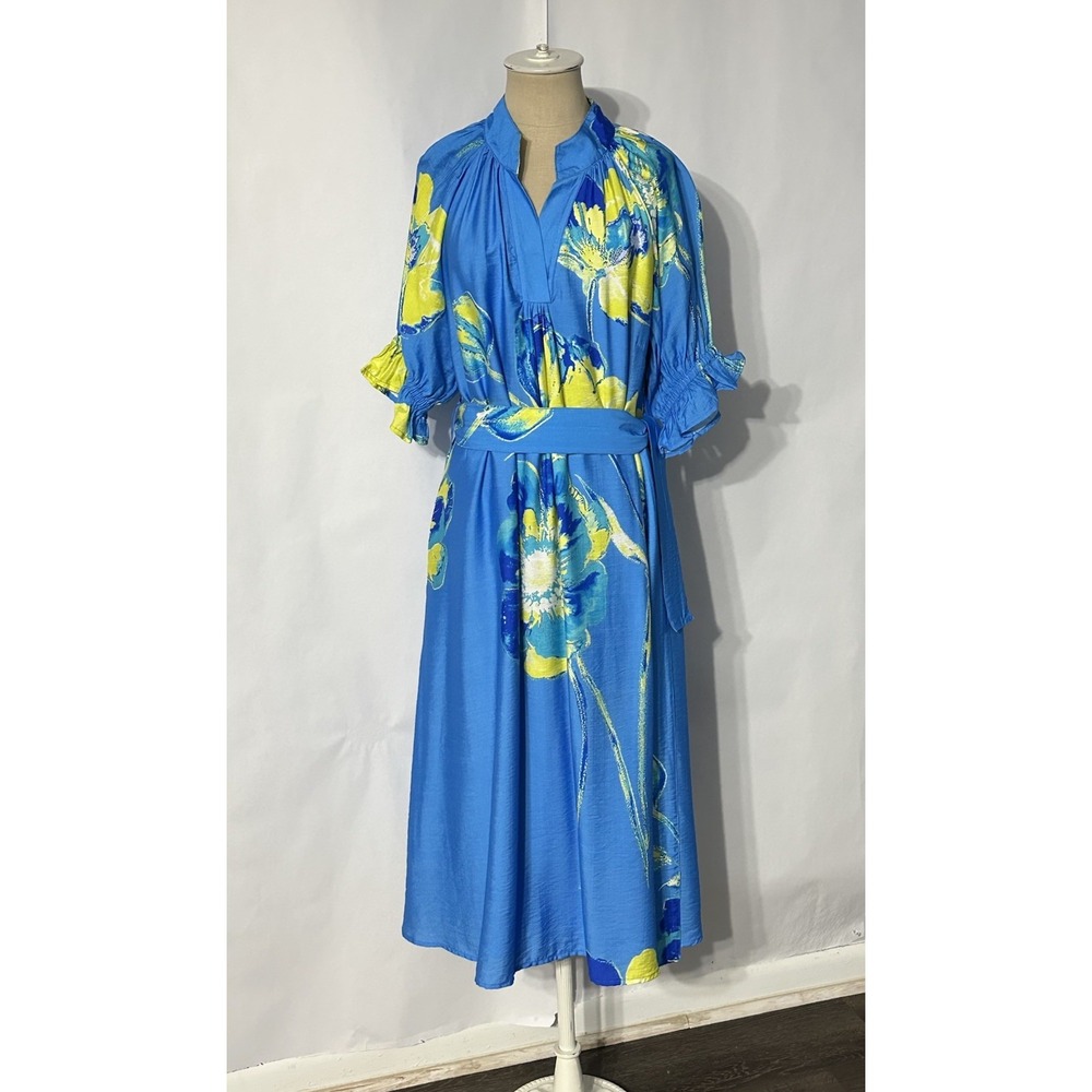 Umgee Women's Blue Floral Puff Sleeve Midi Dress